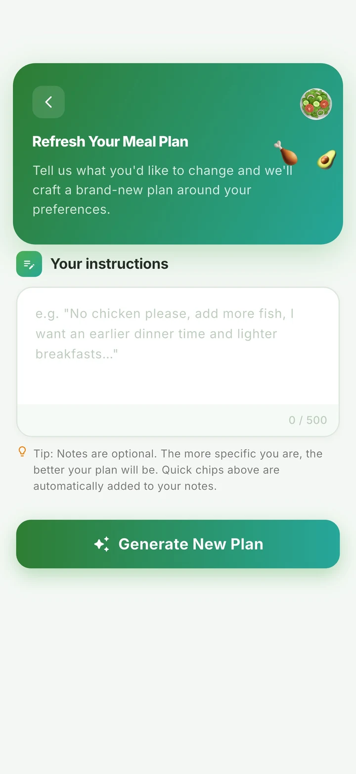 Redo Plan: tell AiMeal what to change and generate a brand-new plan