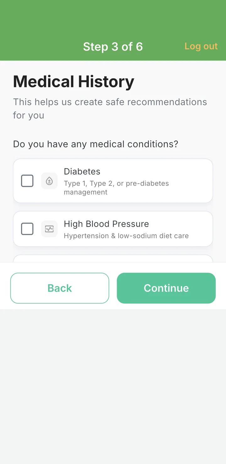 Sign-up step: medical history including diabetes and blood pressure